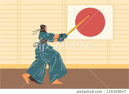 Flat vector illustration of Japanese kendo indoor training. 116369647