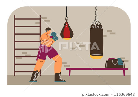 Strong professional man boxer fighter exercising, hitting a punching bag in gym, martial art sport training vector 116369648