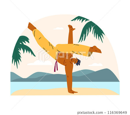 Young man doing capoeira handstand kick on the beach, Brazilian Capoeira dance fight sport, martial art vector 116369649