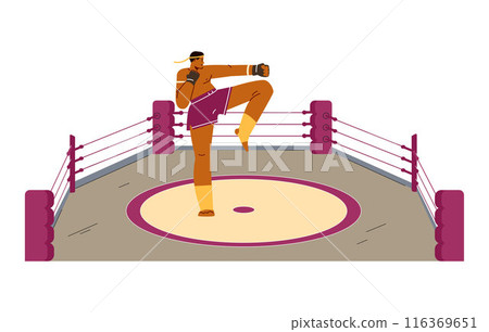 Vector illustration hand-to-hand combat with a male boxer in the ring, training kicks and punches Vector illustration hand-to-hand combat with a male boxer in the ring, training kicks and punches 116369651