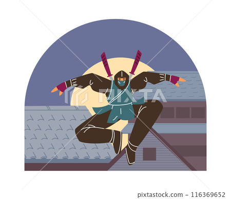 Vector illustration with a dynamic ninja character in a traditional costume, mask, jumping on roofs 116369652
