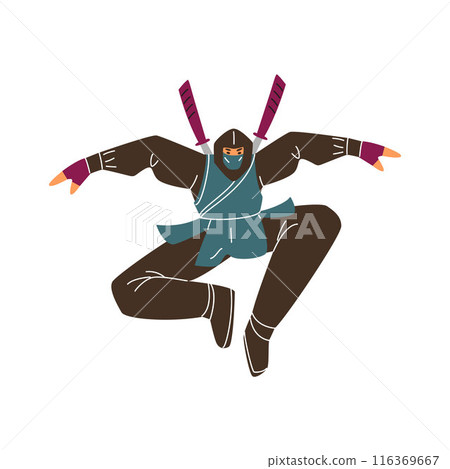 Vector illustration of a ninja with a katana in a jump on a white background 116369667