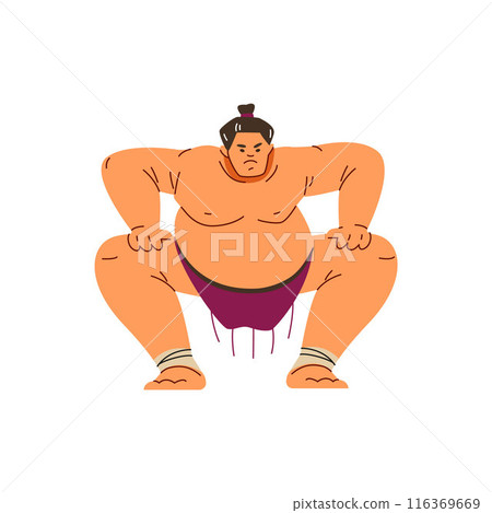 Angry sumo wrestler standing in crouch stance, fighting Japanese traditional martial art, heavy sportsman vector flat 116369669