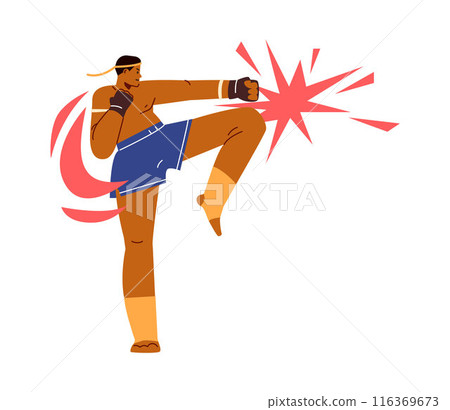 Vector illustration of muaythai and hand-to-hand combat. It includes a male boxer training kicks Vector illustration of muaythai and hand-to-hand combat. It includes a male boxer training kicks 116369673