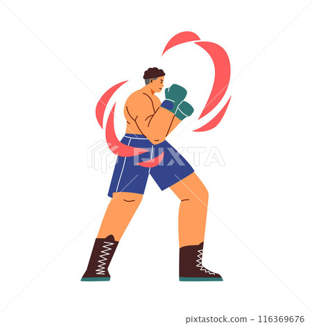 Strong professional man boxer fighter exercising, martial art, sport training wrestling flat vector with movement lines 116369676