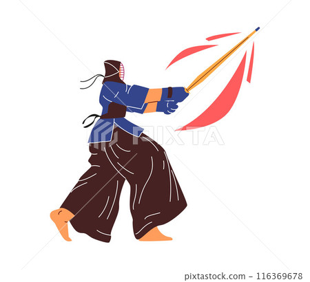 Kendo fighter wear protective clothing and mask with bamboo sword fencing, vector Japanese martial art, combat sport 116369678