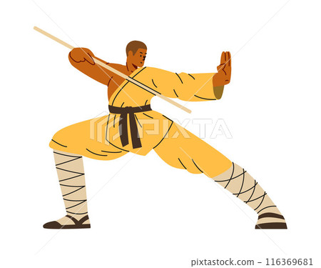Vector illustration with a young Buddhist monk, a man reflecting the fighting pose of masters Vector illustration with a young Buddhist monk, a man reflecting the fighting pose of masters 116369681