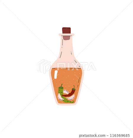Cider vinegar in glass jug with hot pepper and garlic, vector flavor organic acid in pitcher, sour condiment ingredient 116369685