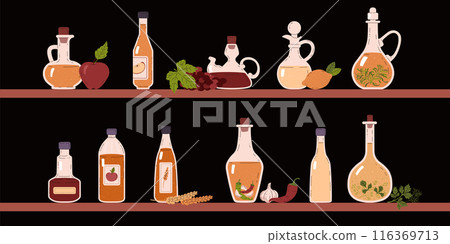 A set of vector vinegar bottles on the shelves with images of apples, grapes, lemon 116369713