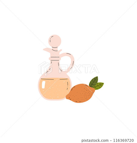 Vector illustration of lemon vinegar in a glass jug with fresh lemon next to it. Vector illustration of lemon vinegar in a glass jug with fresh lemon next to it. 116369720