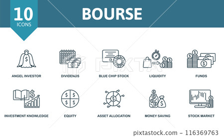 Bourse outline icons set. Creative icons: angel investor, dividends, blue chip stock, liquidity, funds, investment knowledge, equity, asset allocation, money saving, stock market. Bourse outline icons set. Creative icons: angel investor, dividends, blue chip stock, liquidity, funds, investment knowledge, equity, asset allocation, money saving, stock market. 116369763