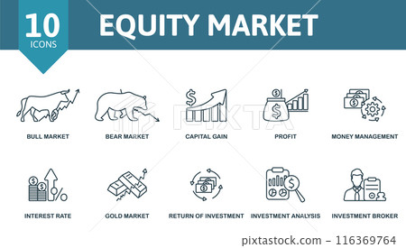 Equity market outline icons set. Creative icons: bull market, bear market, capital gain, profit, money management, interest rate, gold market, return of investment, investment analysis, investment Equity market outline icons set. Creative icons: bull market, bear market, capital gain, profit, money management, interest rate, gold market, return of investment, investment analysis, investment 116369764