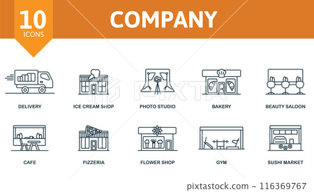 Company outline icons set. Creative icons: delivery, ice cream shop, photo studio, bakery, beauty saloon, cafe, pizzeria, flower shop, gym, sushi market. 116369767