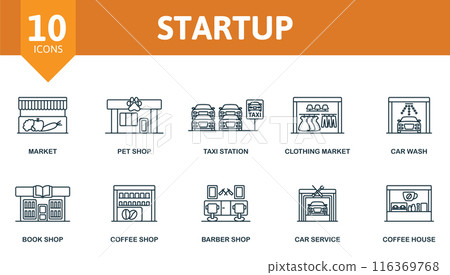 Startup outline icons set. Creative icons: market, pet shop, taxi station, clothing market, car wash, book shop, coffee shop, barber shop, car service, coffee house. Startup outline icons set. Creative icons: market, pet shop, taxi station, clothing market, car wash, book shop, coffee shop, barber shop, car service, coffee house. 116369768