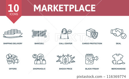 Marketplace outline icons set. Creative icons: shipping delivery, barcode, call center, cargo protection, deal, offers, shopaholic, shock price, black friday, merchandise. 116369774