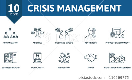 Crisis management outline icons set. Creative icons: organization, abilities, business dialog, key person, project development, business report, popularity, impression, trust, reputation management. Crisis management outline icons set. Creative icons: organization, abilities, business dialog, key person, project development, business report, popularity, impression, trust, reputation management. 116369775