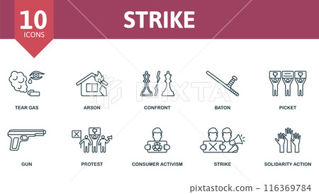 Strike outline icons set. Creative icons: tear gas, arson, confront, baton, picket, gun, protest, consumer activism, strike, solidarity action. Strike outline icons set. Creative icons: tear gas, arson, confront, baton, picket, gun, protest, consumer activism, strike, solidarity action. 116369784