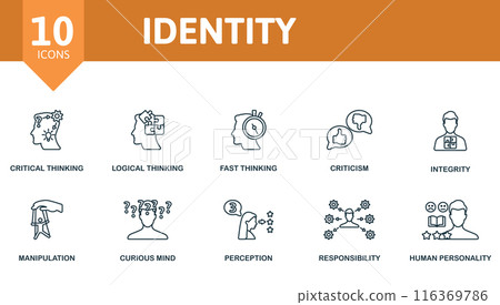 Identity outline icons set. Creative icons: critical thinking, logical thinking, fast thinking, criticism, integrity, manipulation, curious mind, perception, responsibility, human personality. Identity outline icons set. Creative icons: critical thinking, logical thinking, fast thinking, criticism, integrity, manipulation, curious mind, perception, responsibility, human personality. 116369786
