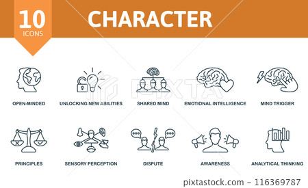 Character outline icons set. Creative icons: open-minded, unlocking new abilities, shared mind, emotional intelligence, mind trigger, principles, sensory perception, dispute, awareness, analytical 116369787