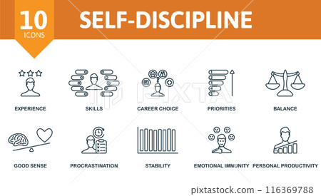 Self-discipline outline icons set. Creative icons: experience, skills, career choice, priorities, balance, good sense, procrastination, stability, emotional immunity, personal productivity. 116369788
