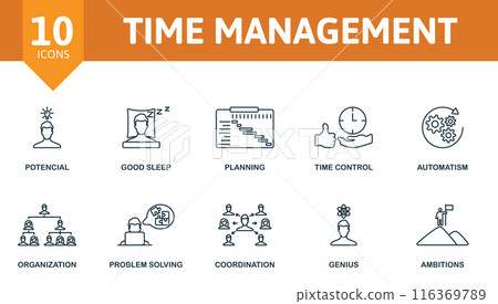 Time management outline icons set. Creative icons: potential, good sleep, planning, time control, automatism, organization, problem solving, coordination, genius, ambitions. Time management outline icons set. Creative icons: potential, good sleep, planning, time control, automatism, organization, problem solving, coordination, genius, ambitions. 116369789