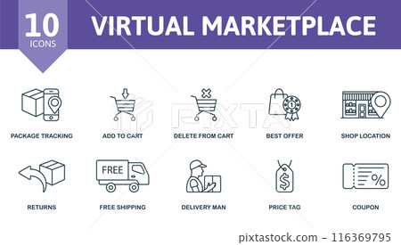 Virtual marketplace outline icons set. Creative icons: package tracking, add to cart, delete from cart, best offer, shop location, returns, free shipping, delivery man, price tag, coupon. Virtual marketplace outline icons set. Creative icons: package tracking, add to cart, delete from cart, best offer, shop location, returns, free shipping, delivery man, price tag, coupon. 116369795