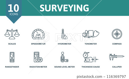Surveying outline icons set. Creative icons: scales, speedometer, hygrometer, tonometer, compass, rangefinder, radiation meter, sound level meter, thickness gauge, calliper. 116369797
