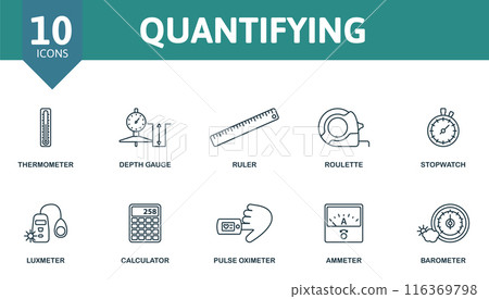 Quantifying outline icons set. Creative icons: thermometer, depth gauge, ruler, roulette, stopwatch, luxmeter, calculator, pulse oximeter, ammeter, barometer. 116369798