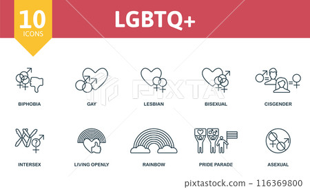 LGBTQ plus icons outline icons set. Creative icons: biphobia, gay, lesbian, bisexual, cisgender, intersex, living openly, rainbow, pride parade, asexual. 116369800