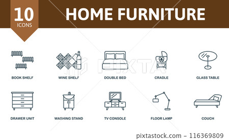 Home furniture outline icons set. Creative icons: book shelf, wine shelf, double bed, cradle, glass table, drawer unit, washing stand, tv console, floor lamp, couch. 116369809