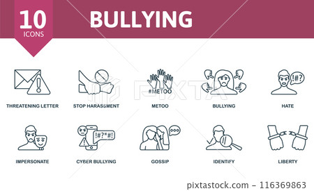 Bullying outline icons set. Creative icons: threatening letter, stop harassment, metoo, bullying, hate, impersonate, cyber bullying, gossip, identify, liberty. 116369863