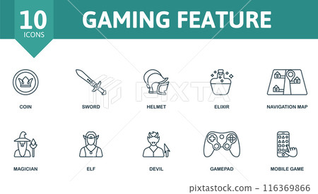 Gaming feature outline icons set. Coin, sword, helmet, elixir, magician, elf, devil, gamepad, mobile gaming. Gaming feature outline icons set. Coin, sword, helmet, elixir, magician, elf, devil, gamepad, mobile gaming. 116369866