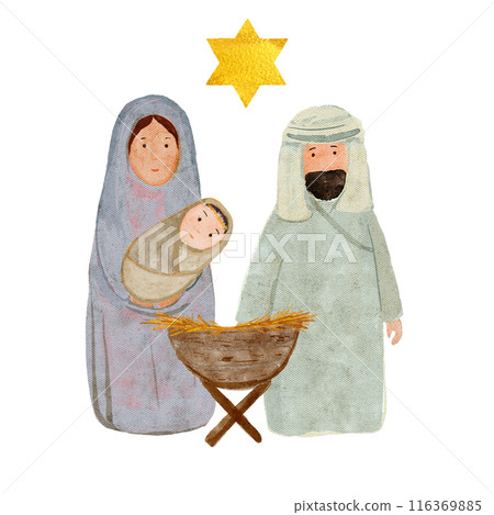 Hand painted watercolor wrapped baby Jesus, Mary, Joseph, manger, star isolated on white. High quality illustration for cards, stickers, celebration of true Christmas, decor. Cute minimalistic image 116369885