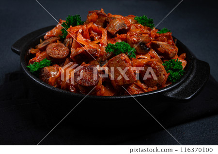 Bigos, bigus is a national Polish dish, made of cabbage and meat, stewed, homemade, no people, 116370100
