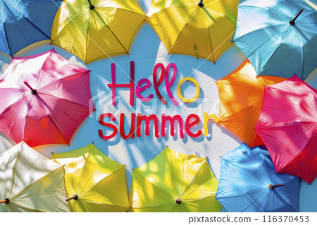 phrase "Hello summer" written on colorful sunshade. Ai generative phrase "Hello summer" written on colorful sunshade. Ai generative 116370453
