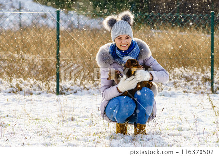 Woman playing with dogs during winter 116370502