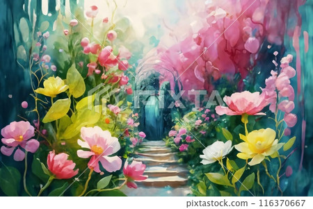 Serene garden scene on a vibrant pink floral background. Where delicate blossoms sway in the breeze, creating a symphony of colors and fragrances. 116370667