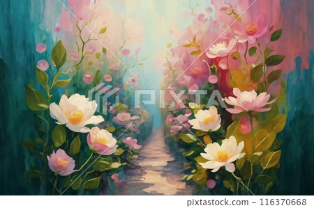 Serene garden scene on a vibrant pink floral background. Where delicate blossoms sway in the breeze, creating a symphony of colors and fragrances. 116370668