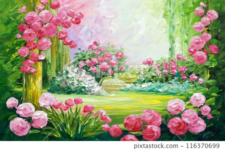 Serene garden scene on a vibrant pink floral background. Where delicate blossoms sway in the breeze, creating a symphony of colors and fragrances. 116370699