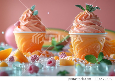 Melon soft ice cream cold dairy fruit dessert Melon soft ice cream cold dairy fruit dessert 116370829