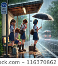 Girls taking shelter from the rain at a bus stop 116370862