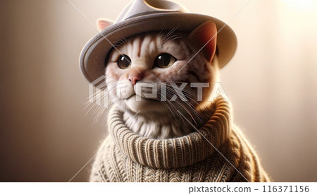 A charming ginger cat in a hat and a beige winter sweater. A charming ginger cat in a hat and a beige winter sweater. 116371156