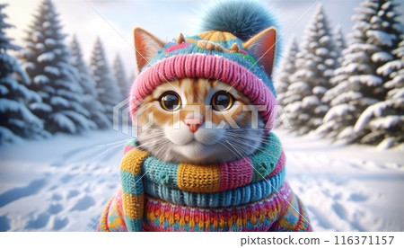 Adorable red cat in colorful winter gear 116371157