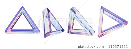 3D transparent triangle set, glasses geometric abstract pyramid shape render icon, crystal prism. 3D transparent triangle set, glasses geometric abstract pyramid shape render icon, crystal prism. 116371221