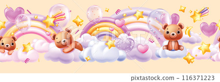 3D clouds rainbow seamless border, magic kids pink background, vector cute cartoon bear, stars.  116371223