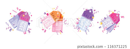 3D sale tag icon set, voucher vector shopping badge, marketing discount coupon gift sticker kit.  116371225