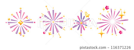 3D firework icon set, vector confetti New Year illustration, Christmas firecracker sparkle stars.  116371226