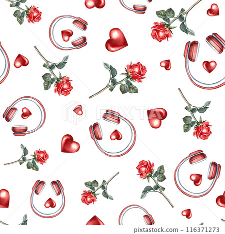 Musical romantic seamless pattern with red headphones and hearts and roses. The watercolor illustration is made by hand. For textiles, packaging paper, printing and more. Musical romantic seamless pattern with red headphones and hearts and roses. The watercolor illustration is made by hand. For textiles, packaging paper, printing and more. 116371273