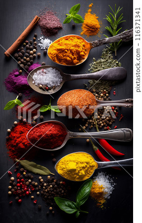 Colorful Array of Spices in Wooden Bowls Colorful Array of Spices in Wooden Bowls 116371341