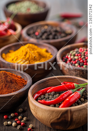 Colorful Array of Spices in Wooden Bowls 116371342